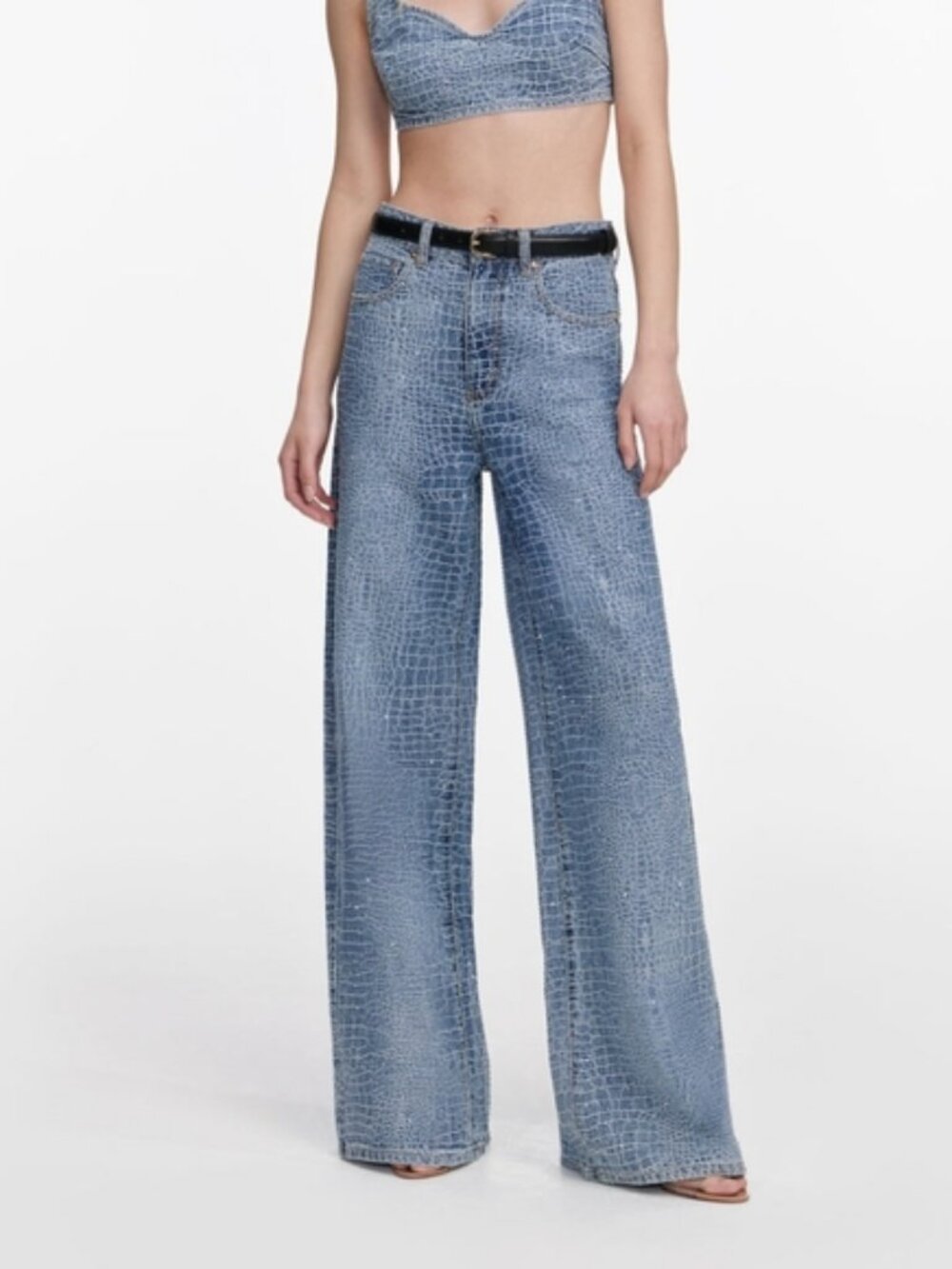 Self-Portrait Rhinestone Croc Effect Wide Leg Jeans